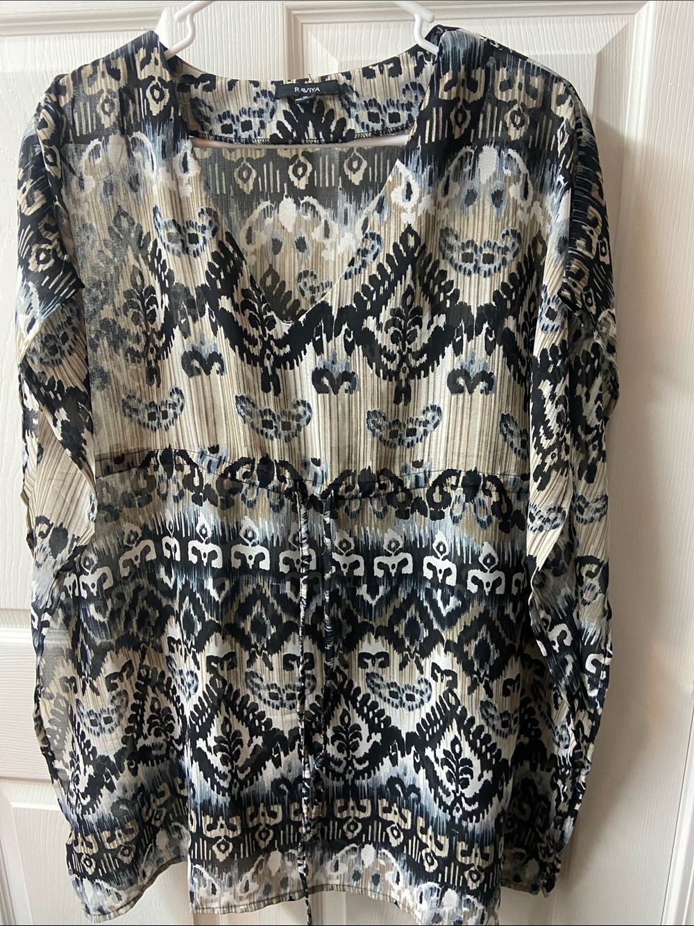 RAVIYA Black, Cream and Taupe Sheer Patterned V-Neck Blouse M
